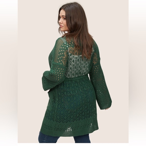 BloomChic Plus Size 3XL Solid Drawstring Pocket Hollow Out Cardigan - Picture 2 of 8